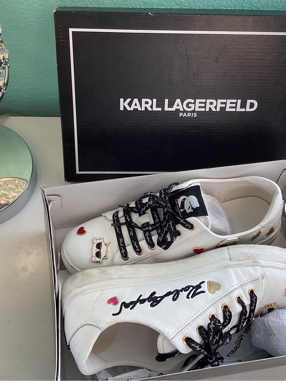 Karl Lagerfeld White Leather Sneakers with Heart Accents
